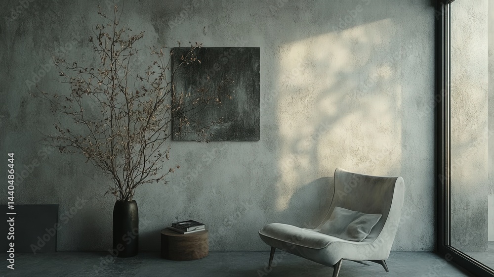 Poster perfect backdrop for a vase with elegant branches, creating a harmonious blend of modern and natural