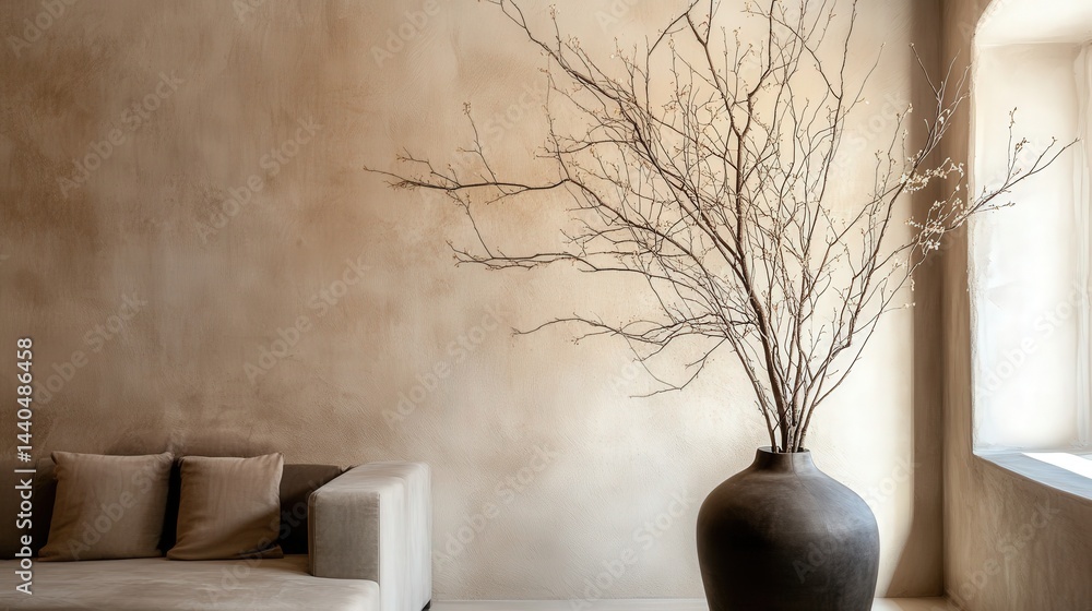 Poster perfect backdrop for a vase with elegant branches, creating a harmonious blend of modern and natural elements in the space.