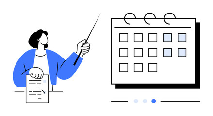 Person presenting with pointer and document, calendar marked with dates, highlighting organization, and planning. Ideal for scheduling, time management, deadlines, presentations, business strategies