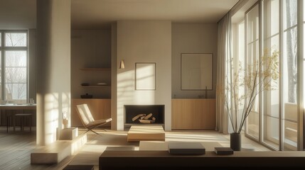 Fototapeta premium The Scandinavian living room features a minimalist aesthetic with a cozy fireplace, large windows allowing natural light, and warm wood tones throughout.