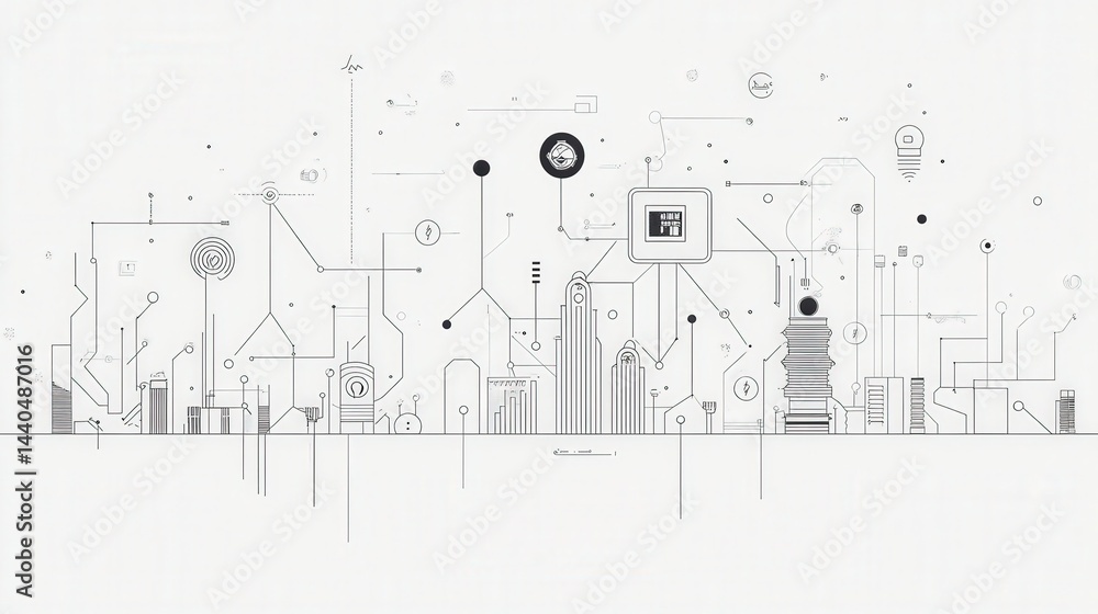 Poster vector banner using line art to depict machine learning with clean, interconnected icons representing AI, algorithms, and data processing