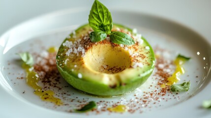 Freshly prepared avocado half, garnished with herbs and spices.