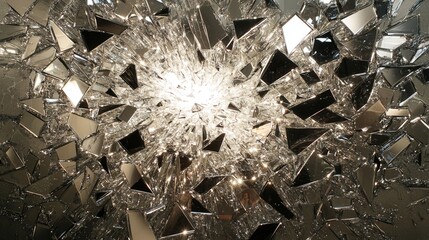 The shattered glass explosion catches the light in a spectacular burst of jagged fragments, each piece reflecting a distinct pattern in mid-air.