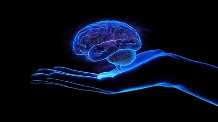 A digital human hand holding a brain and an AI icon with hologram technology on a dark background, representing the future of business innovation