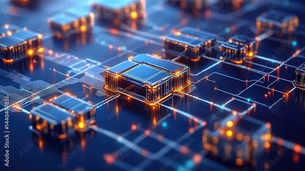 Poster blockchain network background with digital circuits, glowing paths, and interconnected nodes, illust