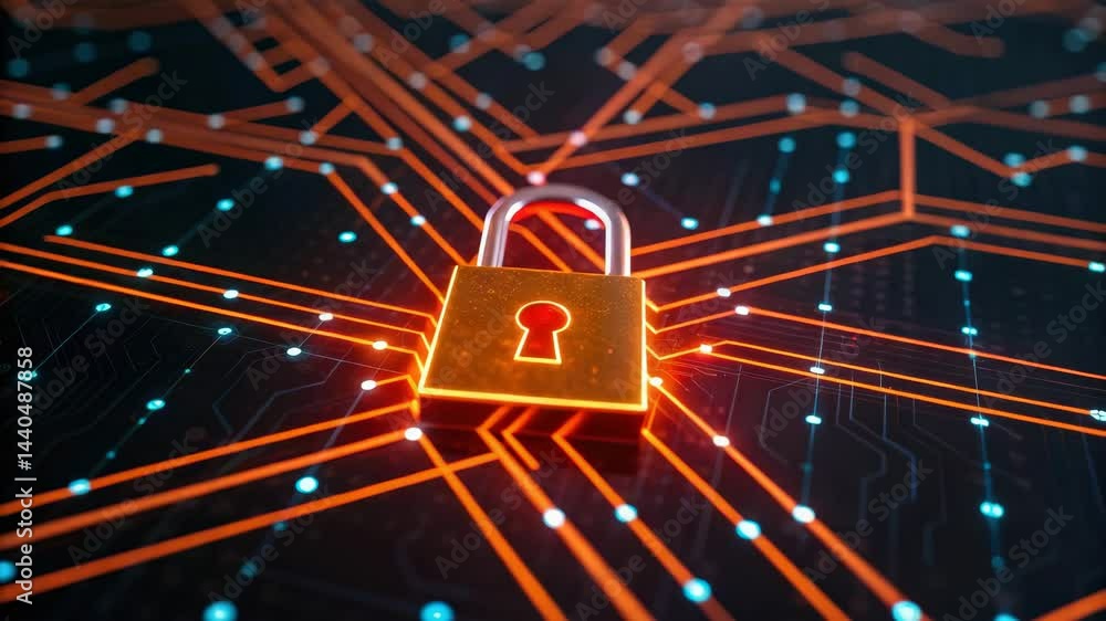 Aufkleber a digital padlock symbolizes data security, surrounded by glowing circuitry, representing the inters