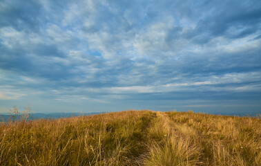 A narrow trail leads over a golden grassy hilltop under a dramatic, cloudy sky, with panoramic...