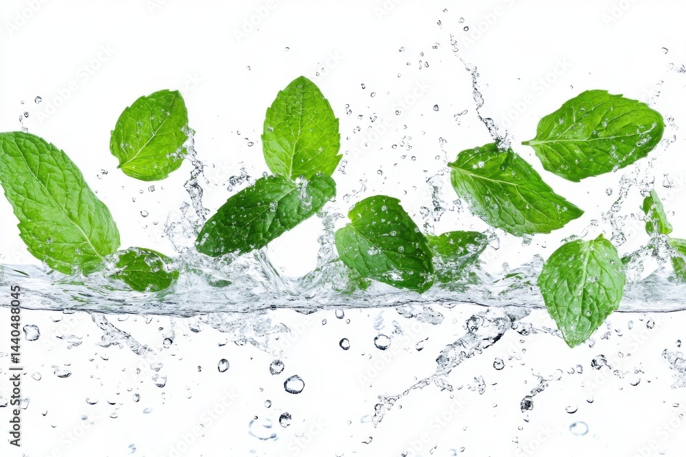 Poster mint leaves falling into water creating splashes on a white background in a studio shot