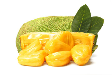 Jackfruit flesh and jackfruit with green leaves. isolated on white background.