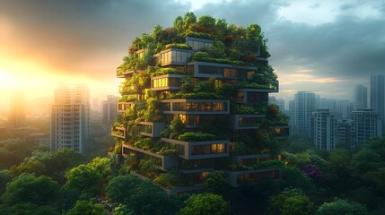 Obraz premium Urban Oasis: Modern Architecture Integrated with Nature in Dense Cityscape at Sunset, Showcasing Sustainable Living