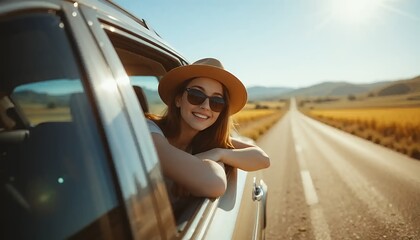 Naklejka premium Woman Enjoying Road Trip Adventure Looking out Car Window