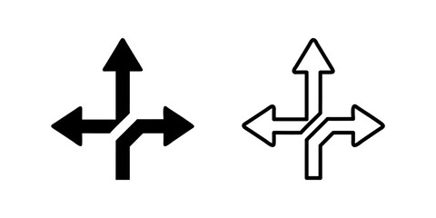 A minimalist vector icon set featuring three-way direction arrows, perfect for navigation and wayfinding designs.