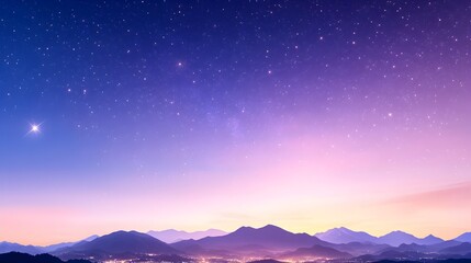 Fototapeta premium Starry night sky over a silhouetted mountain range at dawn, with a gradient of purple, pink, and orange hues