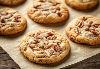 Freshly Baked Cookies with Pecans on Brown Paper in Natural Lighting Perfect for Dessert or Snack Time Photography