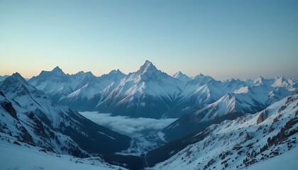 Snowy Mountain Range Landscape with Valley Mist at Sunrise
