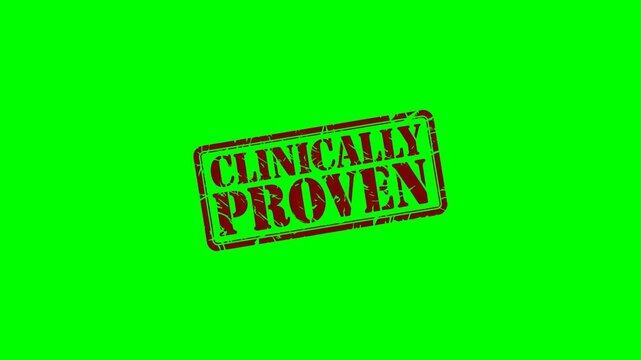 Animated "Clinically Proven" rubber stamp seal with bold red text on a green screen background for healthcare products, medical certifications and clinical studies