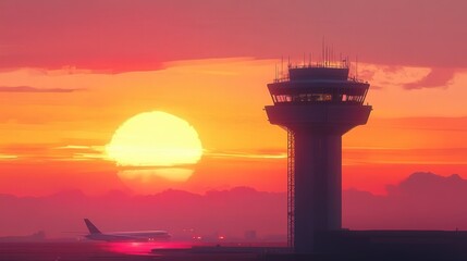 the airport control tower stands against a backdrop of soft orange and pink hues as the sun rises, creating a peaceful yet powerful scene