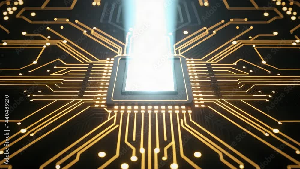 Poster a close-up view of a microchip with intricate circuitry, illuminated by a bright light source, empha