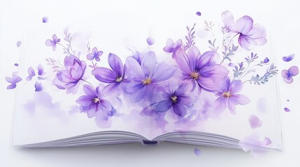 An open watercolor book with purple florals flowing across the pages, softly blending. Peaceful and poetic