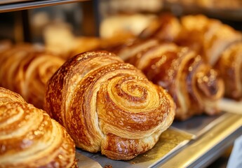 Fototapeta premium Freshly Baked Croissants with Golden Brown Crusts on Display in a Modern Bakery Setting for a Delicious Culinary Experience