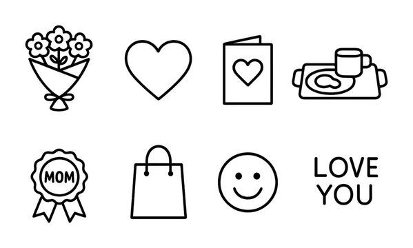 Mother's day icon set - linear style love and celebration symbols for greeting cards and gifts: flowers, heart, card, breakfast, badge, shopping bag, smiley, love