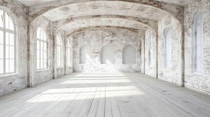 Fototapeta premium panoramic background of a weathered, white-painted brick wall creates an inviting yet worn atmosphere, ideal for showcasing design elements with an industrial touch.