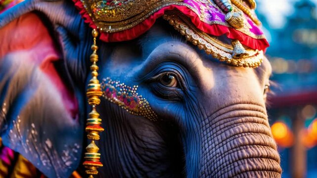 Close-up of an ornately adorned elephant