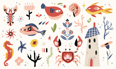 Folk hygge ocean clip arts, hand drawn vector set in Scandinavian Nordic style, isolated on white. Collection of classic ethnic elements. The scandi folk motifs - fishes, flowers, and sea animals set
