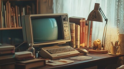 retro computer desk with a clunky monitor, beige keyboard, and a mouse with a cable coiled around, alongside classic accessories like a desk lamp and old books