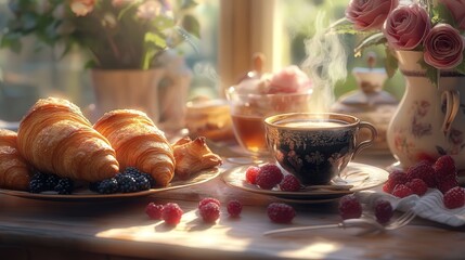 peaceful breakfast table with steaming coffee and croissants, enhanced with a drizzle of honey and a scattering of berries