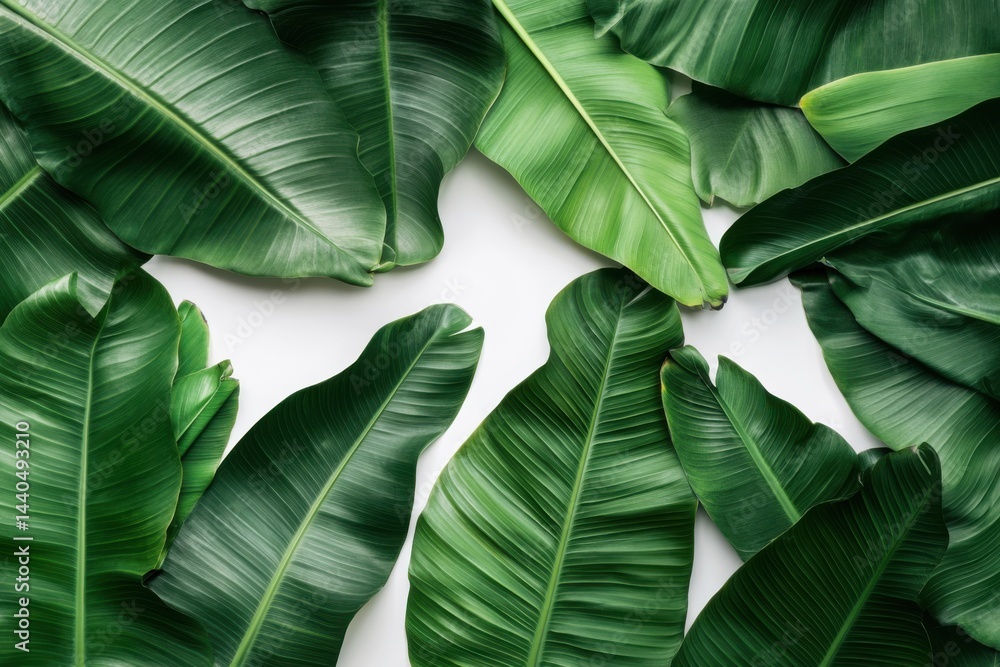 Poster a top view of several large green banana leaves arranged on a white surface in a clustered pattern