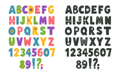 A set of isolated clipart featuring bold, brightly hand-drawn letters, vector English alphabet and symbols in a primitive naive style, illustrations