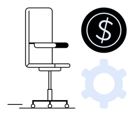 Office chair on wheels next to a dollar sign and gear. Ideal for workplace efficiency, business success, productivity, financial management, entrepreneurship, strategic planning, flat simple metaphor