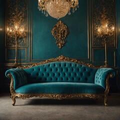 A turquoise velvet sofa with an ornate golden background.