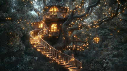 whimsical treehouse with spiral staircase and glowing fairy lights, nestled in lush greenery