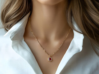 Woman Wearing Gold Necklaces with Red Gemstones