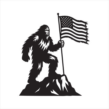 Black and white silhouette of Bigfoot (Yeti) standing on a mountain peak, holding a tattered American flag waving in the wind