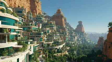 Obraz premium Elevated cityscape nestled within a mountainous landscape.