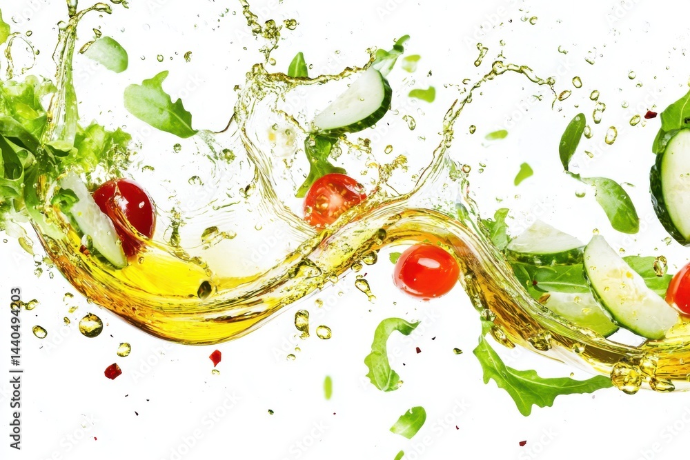 Poster salad ingredients splashing with oil isolated on white background in a dynamic composition