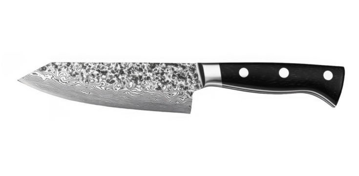 Santoku knife featuring damascus steel blade with black handle and silver bolsters, showing the distinctive pattern and sharp edge on a transparent background, PNG image, PNG file.