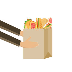 Food delivery, door to door packet of fast food vector illustration design isolated
