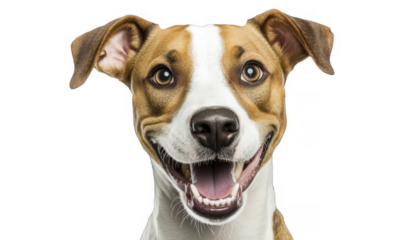 Happy dog smiles, showcasing dental health and joyful canine expression, viewed from a front angle perspective, animal close-up shot on a transparent background, PNG image, PNG file.