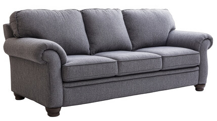 Cozy three-seat couch with gray fabric upholstery, featuring curved arms and dark wooden legs, studio furniture object on a transparent background, PNG image, PNG file.