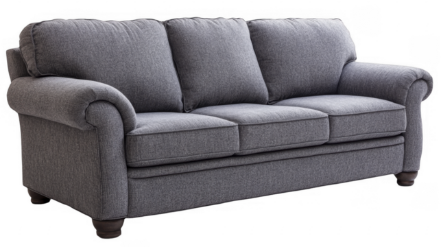 Cozy three-seat couch with gray fabric upholstery, featuring curved arms and dark wooden legs, studio furniture object on a transparent background, PNG image, PNG file.