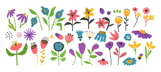 Set of bold positive flowers clip arts hand drawn in naive style, optimistic bright floral illustration, vector isolated items on white background