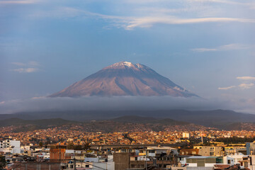 MISTI VOLCANO, SEEN FROM THE CITY OF AREQUIPA AT THE YANAHUARA LOOKOUT, THE MOST ICONIC MOUNTAIN IN...