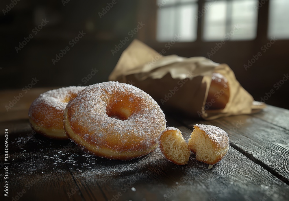 Poster freshly baked doughnuts on a rustic table with a paper bag background and soft natural light enhanci