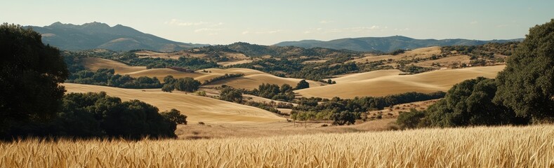 Fototapeta premium Golden wheat field stretches across rolling hills under a clear sky. Trees dot the landscape