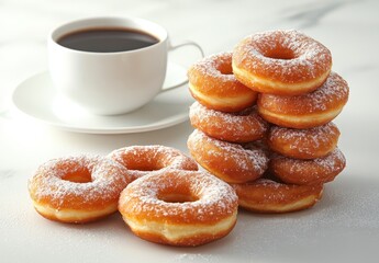 Freshly Baked Doughnuts Piled High Next to a Steaming Cup of Black Coffee on a Marble Surface, Sweet Treats for Morning or Afternoon Delight