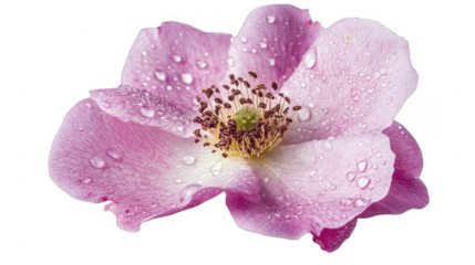 Delicate pink bloom featuring glistening water droplets, with a prominent display of stamen filaments on a transparent background, PNG image, PNG file.